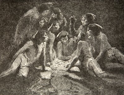 Minden öreg és fiatal férfi... Éjfélig játszottak, reggelig játszottak, Henry Wadsworth Longfellow (1807-82) The Song of Hiawatha című művéből, kiadta George G. Harrap und Company Ltd., 1911. alkotó: Frederic Remington